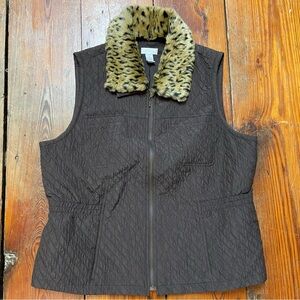 Chico's Brown Quilted Vest with Leopard Print Collar